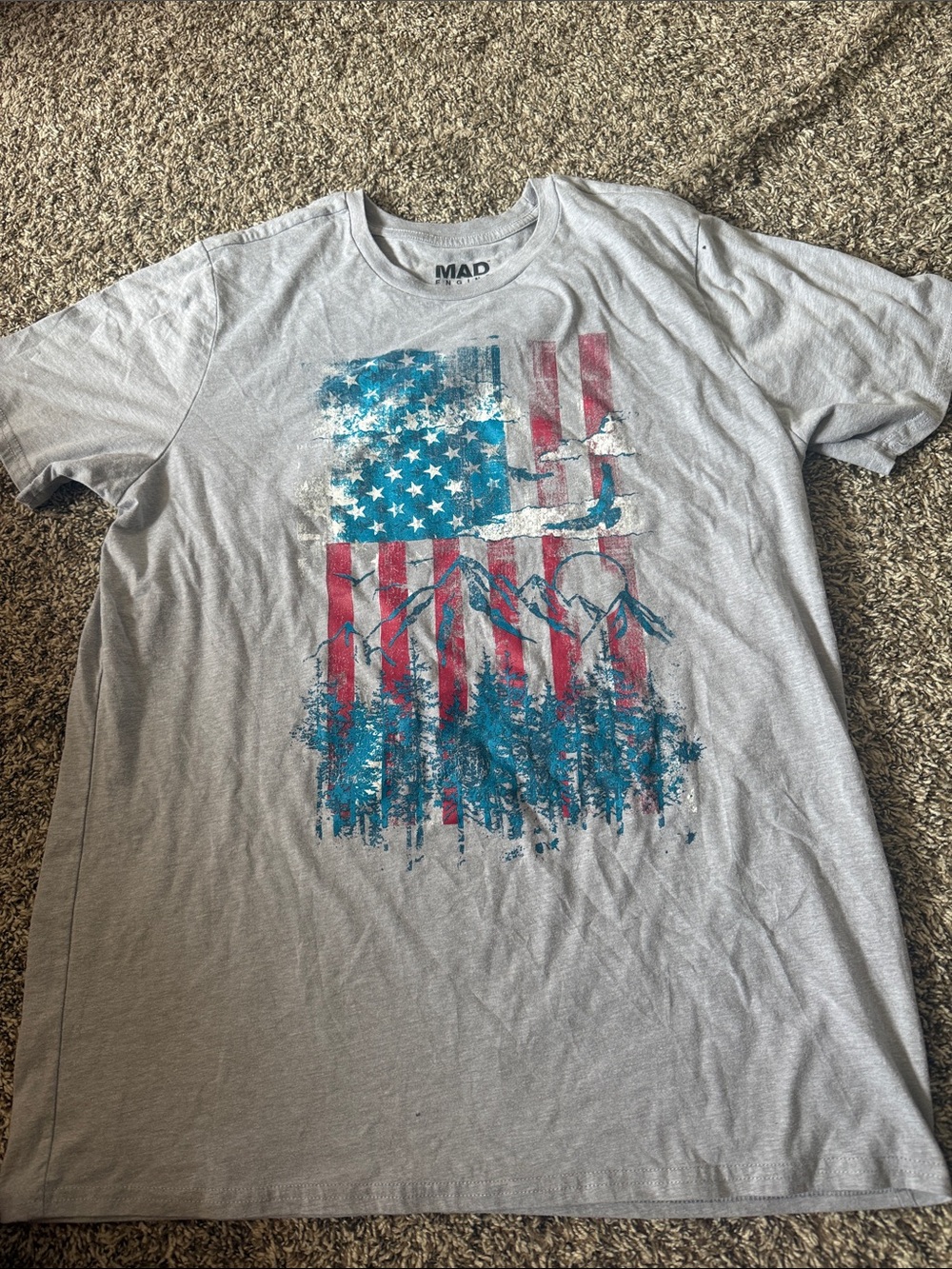 MAD Engine Gray Tee with Distressed American Flag and Blue Mountain Graphic